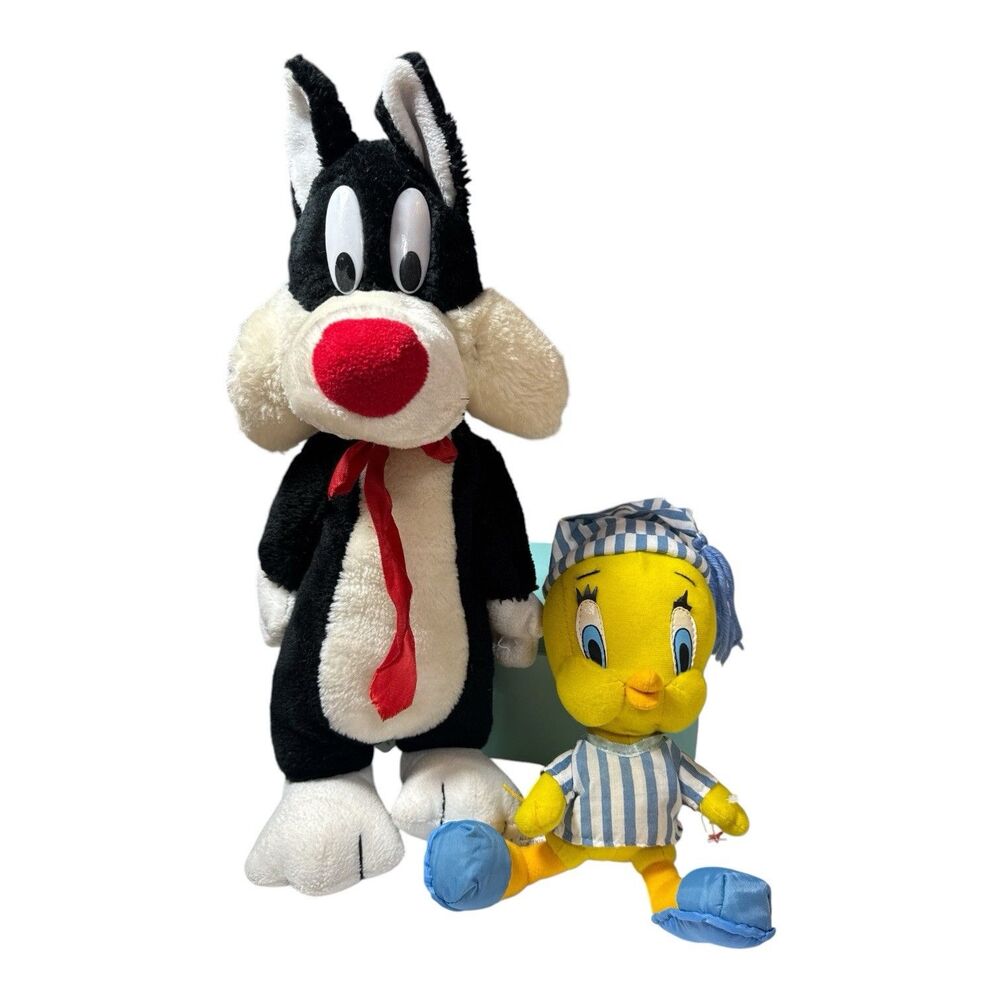 Vintage 90s Looney Tunes Sylvester Cat and Tweety In Pajamas Plush Stuffed Lot